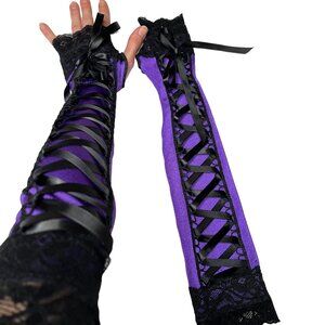 Long Corset Gloves Purple Black Lace Up Fingerless Gloves Cosplay Renaissance